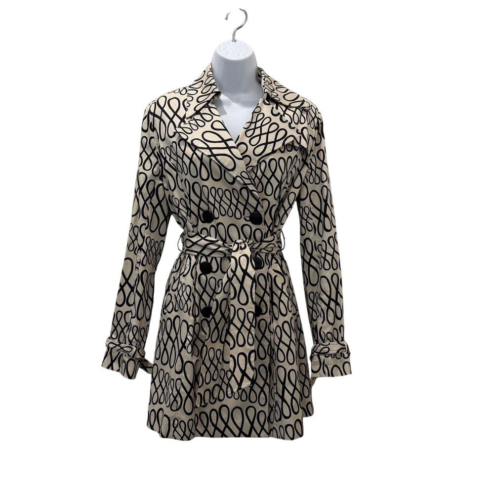 Vertigo Paris Trench Coat Womens Medium White Geometric Belted Double Breasted